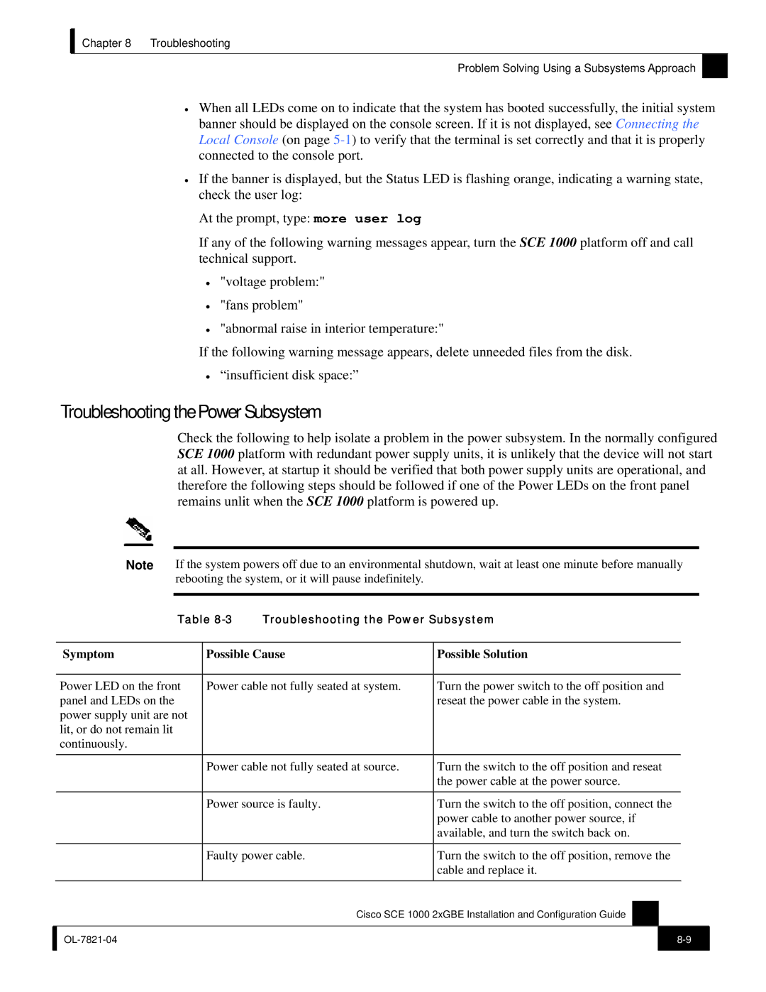 Cisco Systems SCE 1000 2xGBE, OL-7821-04 Troubleshooting the Power Subsystem, Symptom Possible Cause Possible Solution 