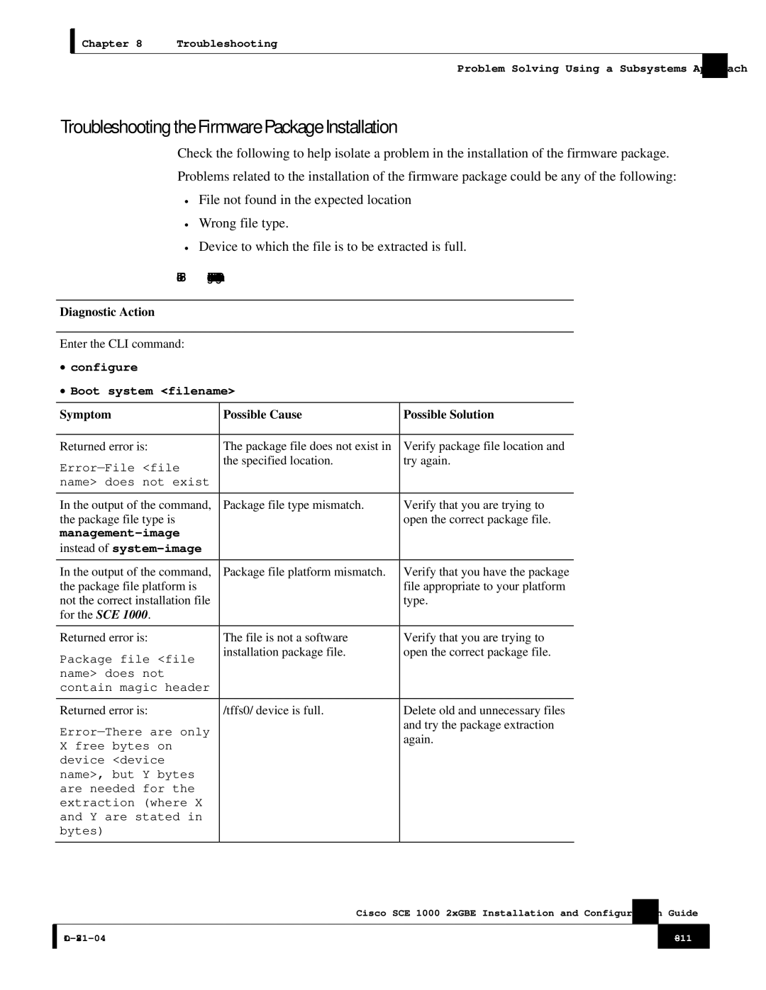 Cisco Systems SCE 1000 2xGBE, OL-7821-04 manual Troubleshooting the Firmware Package Installation, Diagnostic Action 