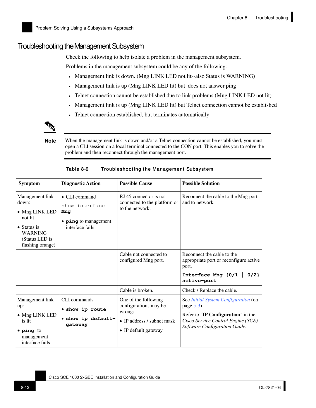 Cisco Systems OL-7821-04, SCE 1000 2xGBE manual Troubleshooting the Management Subsystem 