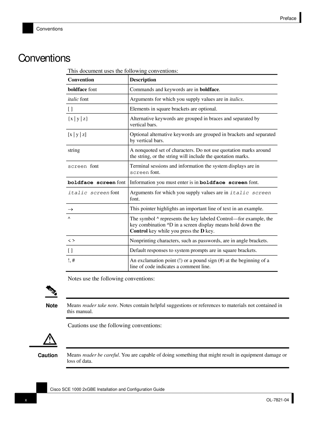 Cisco Systems OL-7821-04 Conventions, This document uses the following conventions, Convention Description Boldface font 