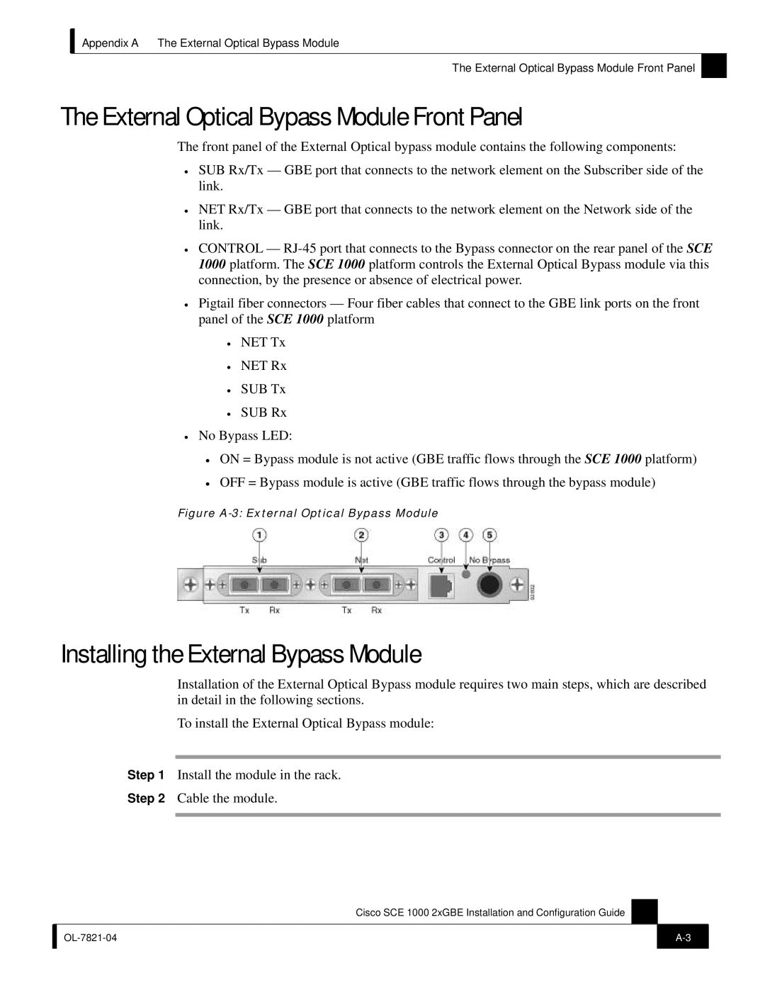 Cisco Systems SCE 1000 2xGBE, OL-7821-04 External Optical Bypass Module Front Panel, Installing the External Bypass Module 