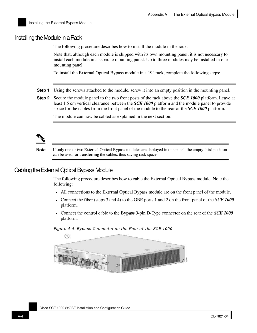 Cisco Systems OL-7821-04, SCE 1000 2xGBE manual Installing the Module in a Rack, Cabling the External Optical Bypass Module 