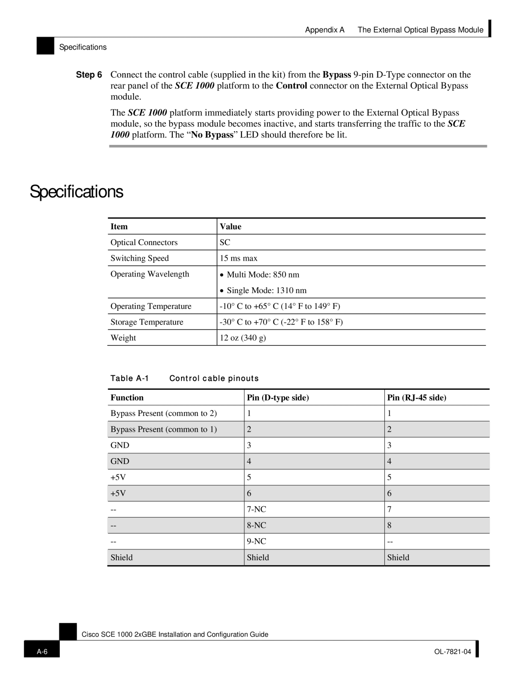 Cisco Systems OL-7821-04, SCE 1000 2xGBE manual Specifications, Value, Function Pin D-type side Pin RJ-45 side 