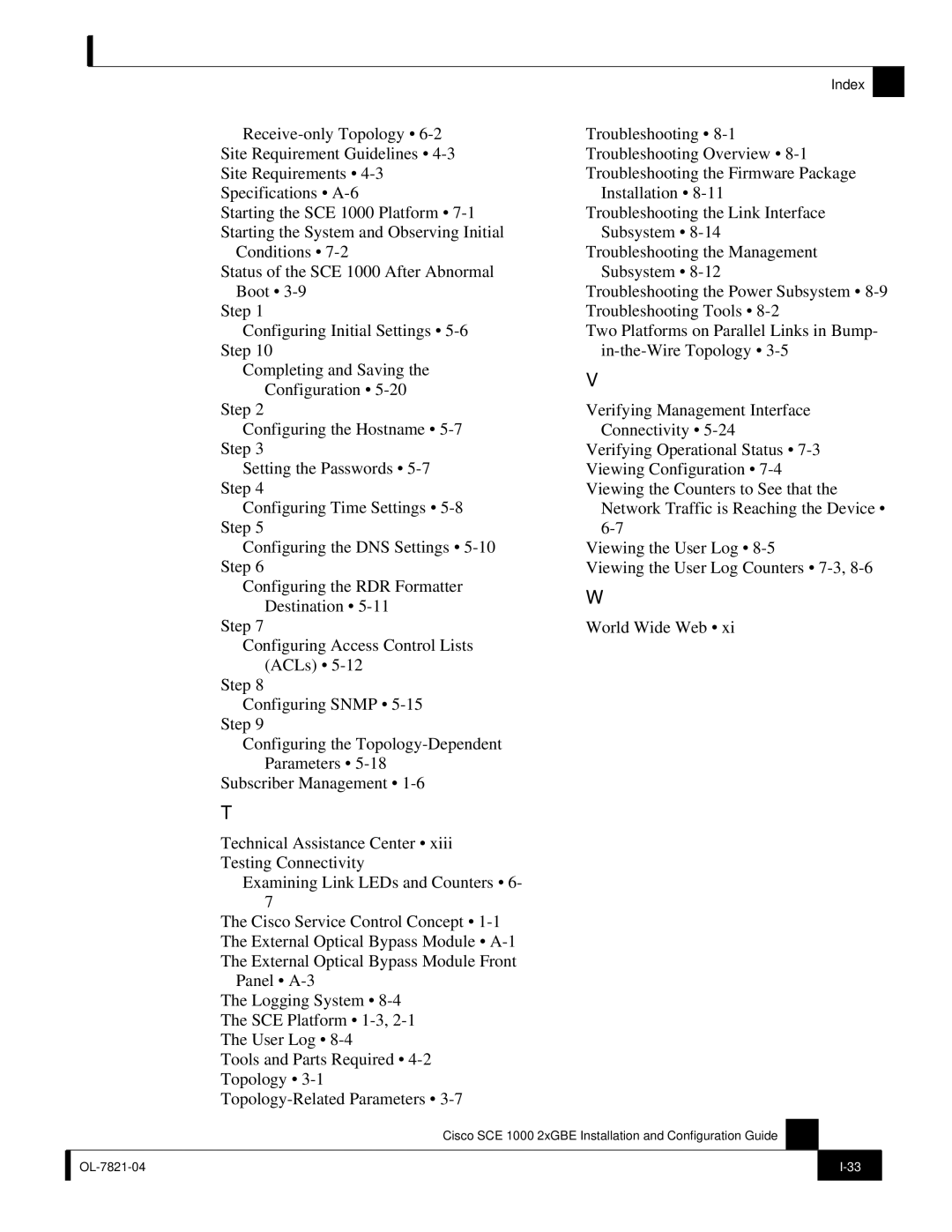 Cisco Systems SCE 1000 2xGBE, OL-7821-04 manual Index 