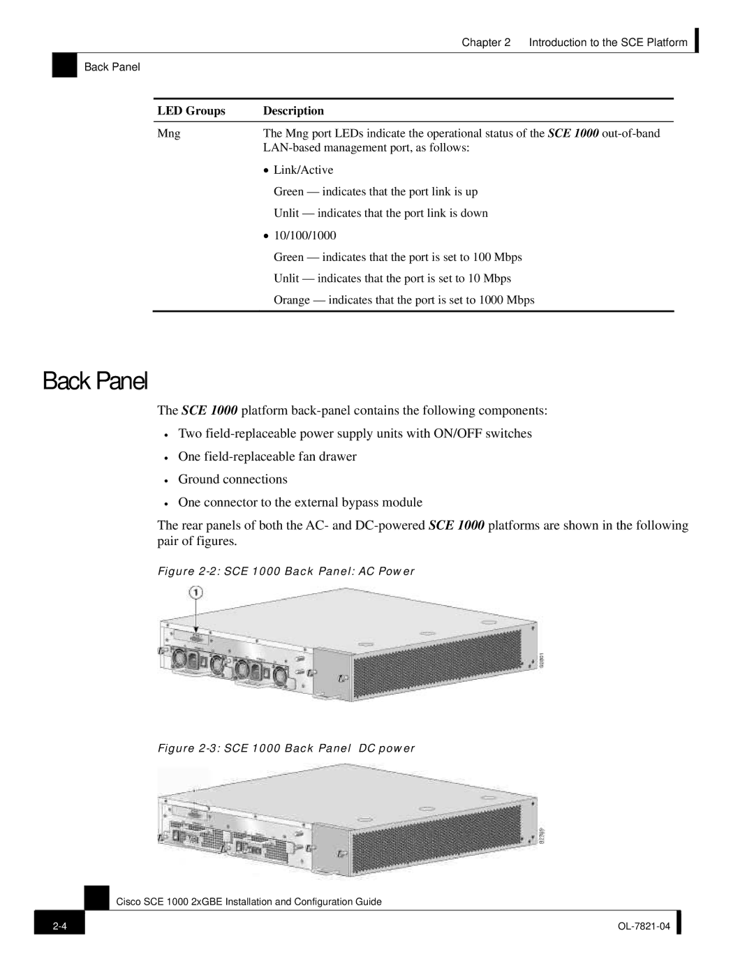 Cisco Systems OL-7821-04, SCE 1000 2xGBE manual SCE 1000 Back Panel AC Power 