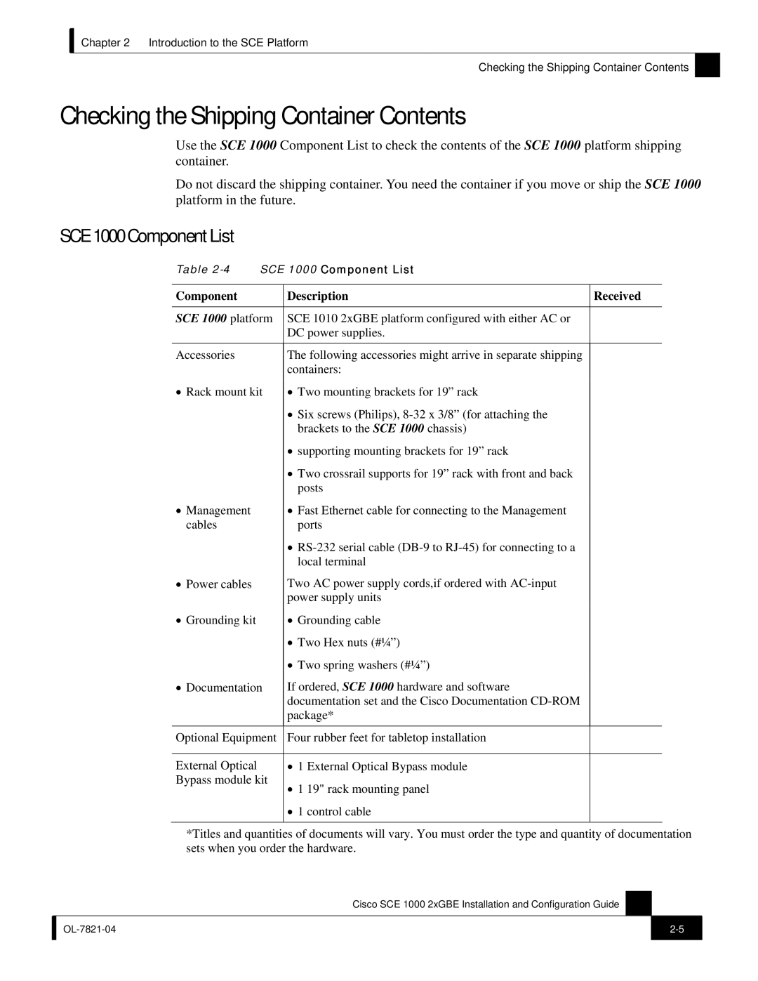 Cisco Systems SCE 1000 2xGBE, OL-7821-04 manual Checking the Shipping Container Contents 