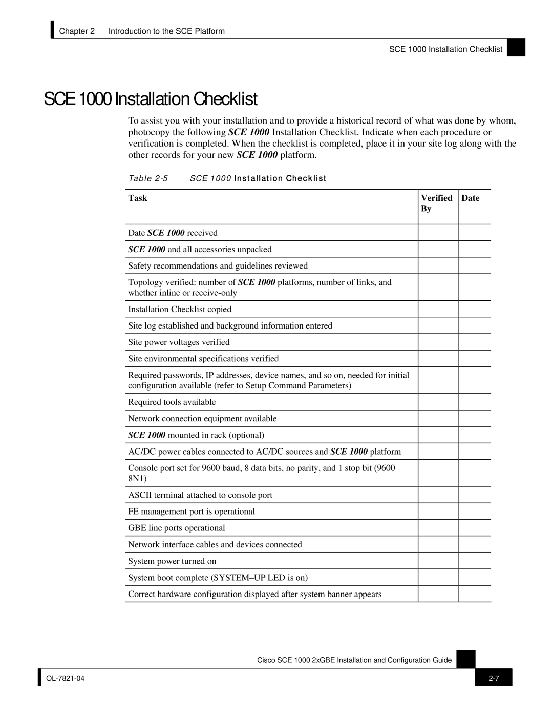 Cisco Systems SCE 1000 2xGBE, OL-7821-04 manual SCE 1000 Installation Checklist, Task Verified Date 