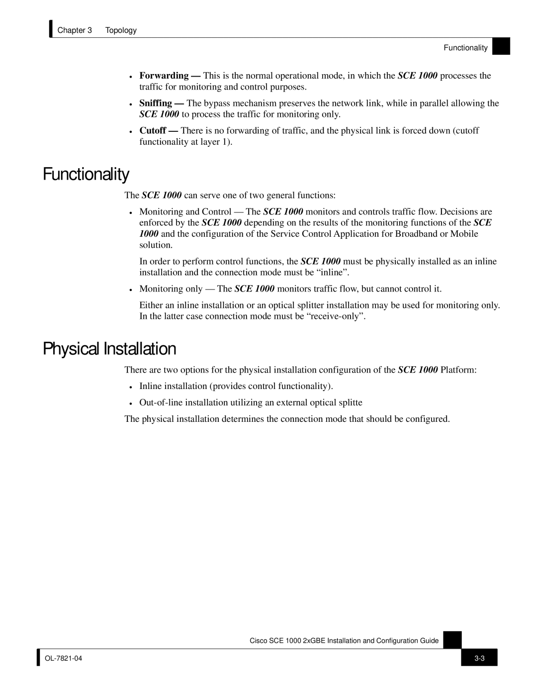 Cisco Systems SCE 1000 2xGBE, OL-7821-04 manual Functionality, Physical Installation 