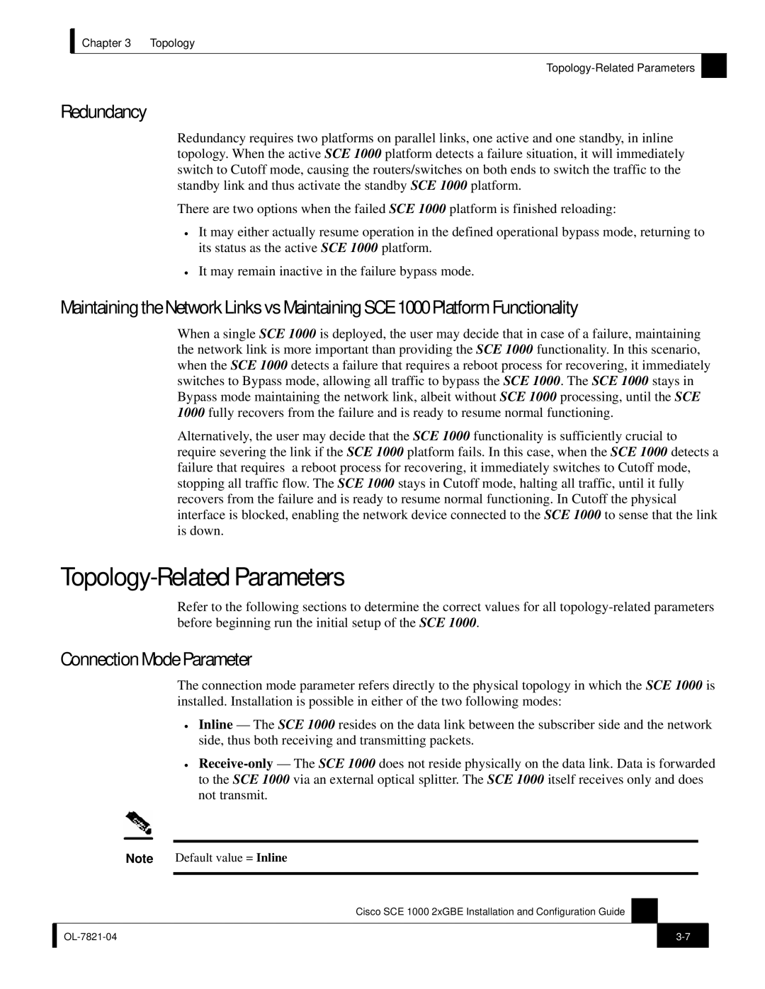 Cisco Systems SCE 1000 2xGBE, OL-7821-04 manual Topology-Related Parameters, Redundancy, Connection Mode Parameter 