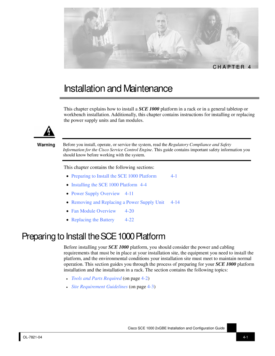 Cisco Systems SCE 1000 2xGBE, OL-7821-04 manual Installation and Maintenance, Preparing to Install the SCE 1000 Platform 