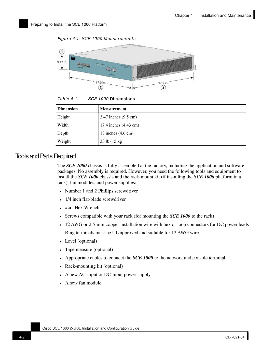 Cisco Systems OL-7821-04, SCE 1000 2xGBE manual Tools and Parts Required, Dimension Measurement 