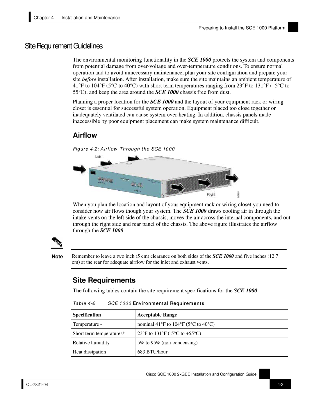 Cisco Systems SCE 1000 2xGBE manual Site Requirement Guidelines, Airflow, Site Requirements, Specification Acceptable Range 