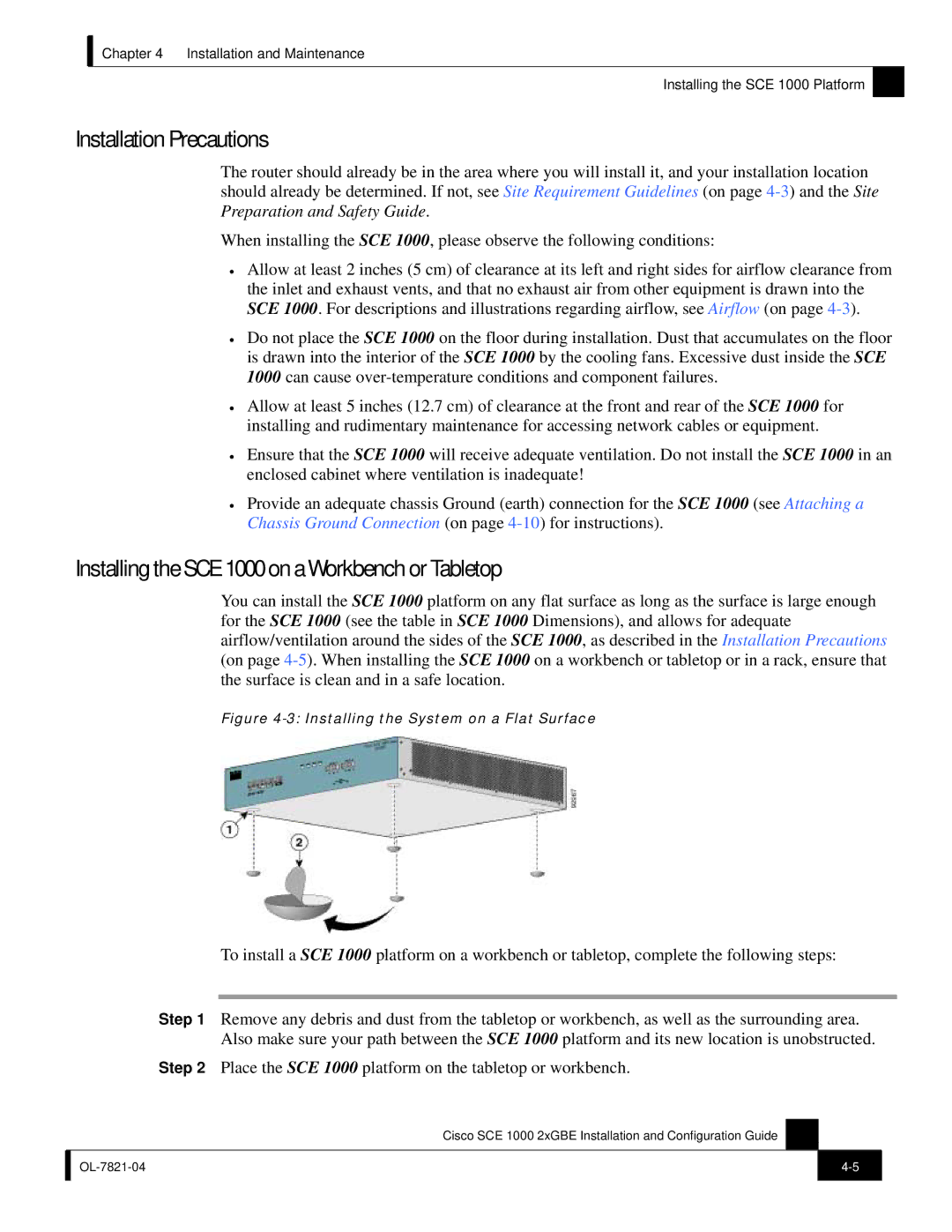 Cisco Systems SCE 1000 2xGBE, OL-7821-04 manual Installation Precautions, Installing the SCE 1000 on a Workbench or Tabletop 