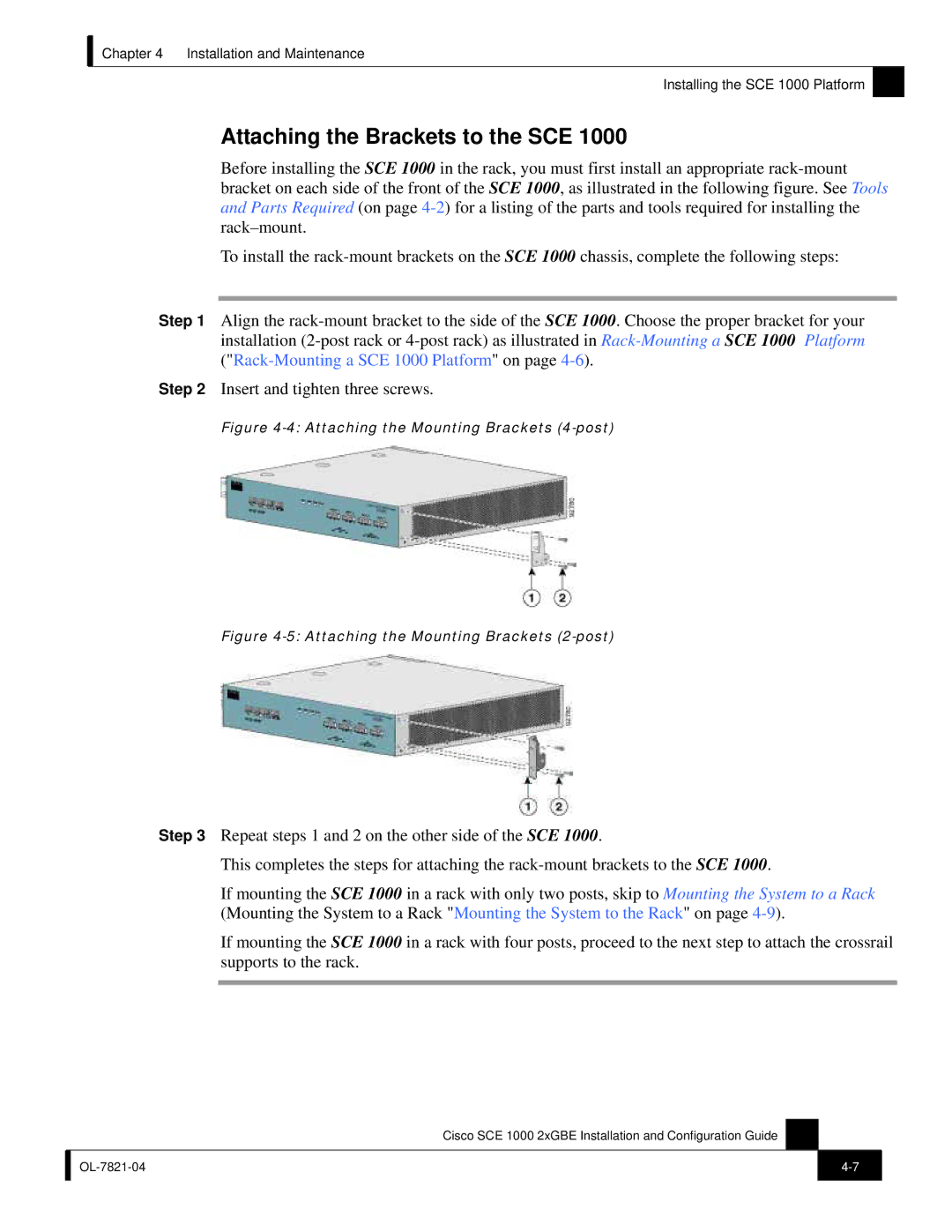 Cisco Systems SCE 1000 2xGBE, OL-7821-04 manual Attaching the Brackets to the SCE, Attaching the Mounting Brackets 4-post 