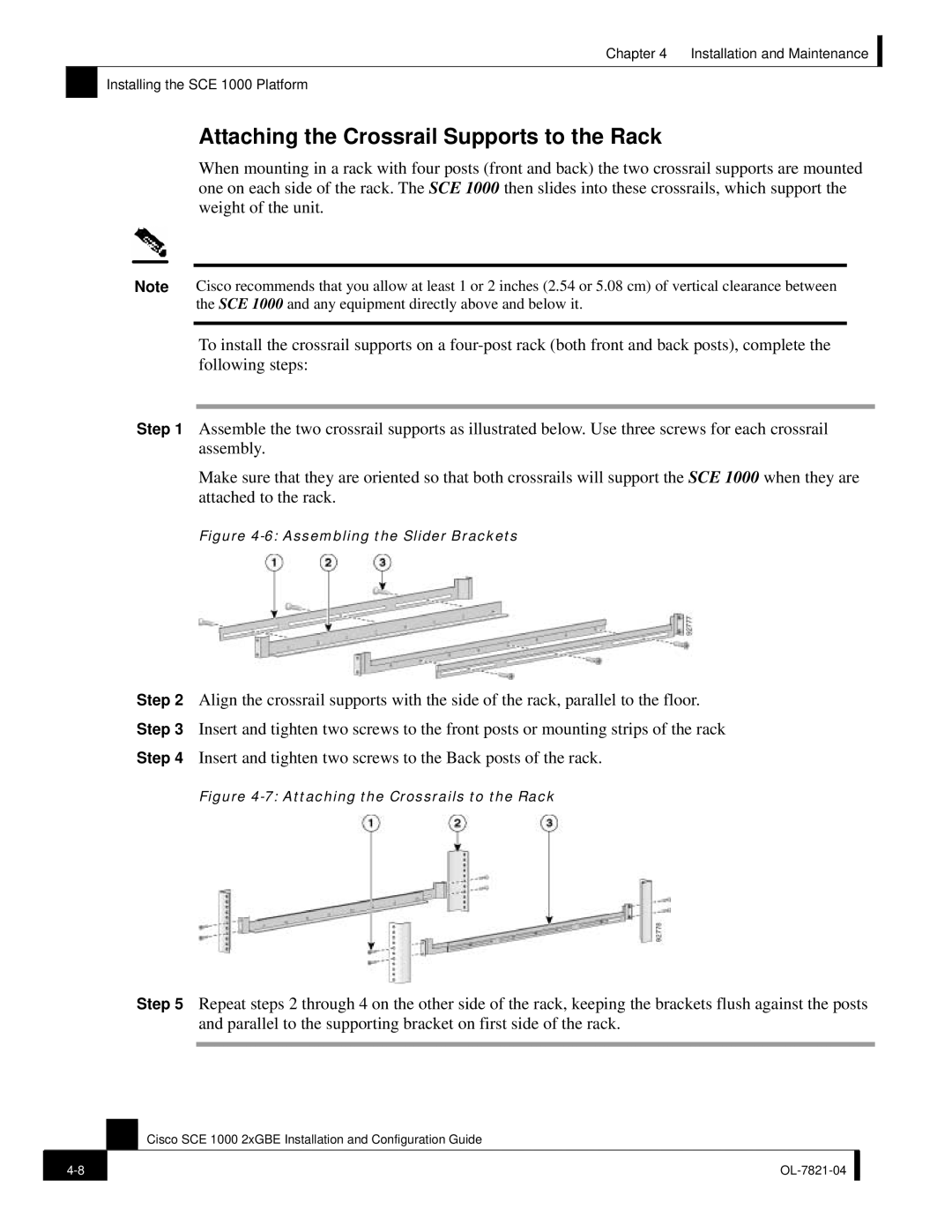 Cisco Systems OL-7821-04, SCE 1000 2xGBE manual Attaching the Crossrail Supports to the Rack, Assembling the Slider Brackets 