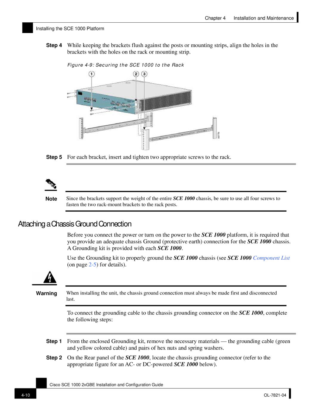 Cisco Systems OL-7821-04, SCE 1000 2xGBE manual Attaching a Chassis Ground Connection, Securing the SCE 1000 to the Rack 