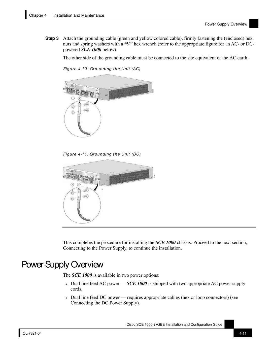 Cisco Systems SCE 1000 2xGBE, OL-7821-04 manual Power Supply Overview, Grounding the Unit AC 