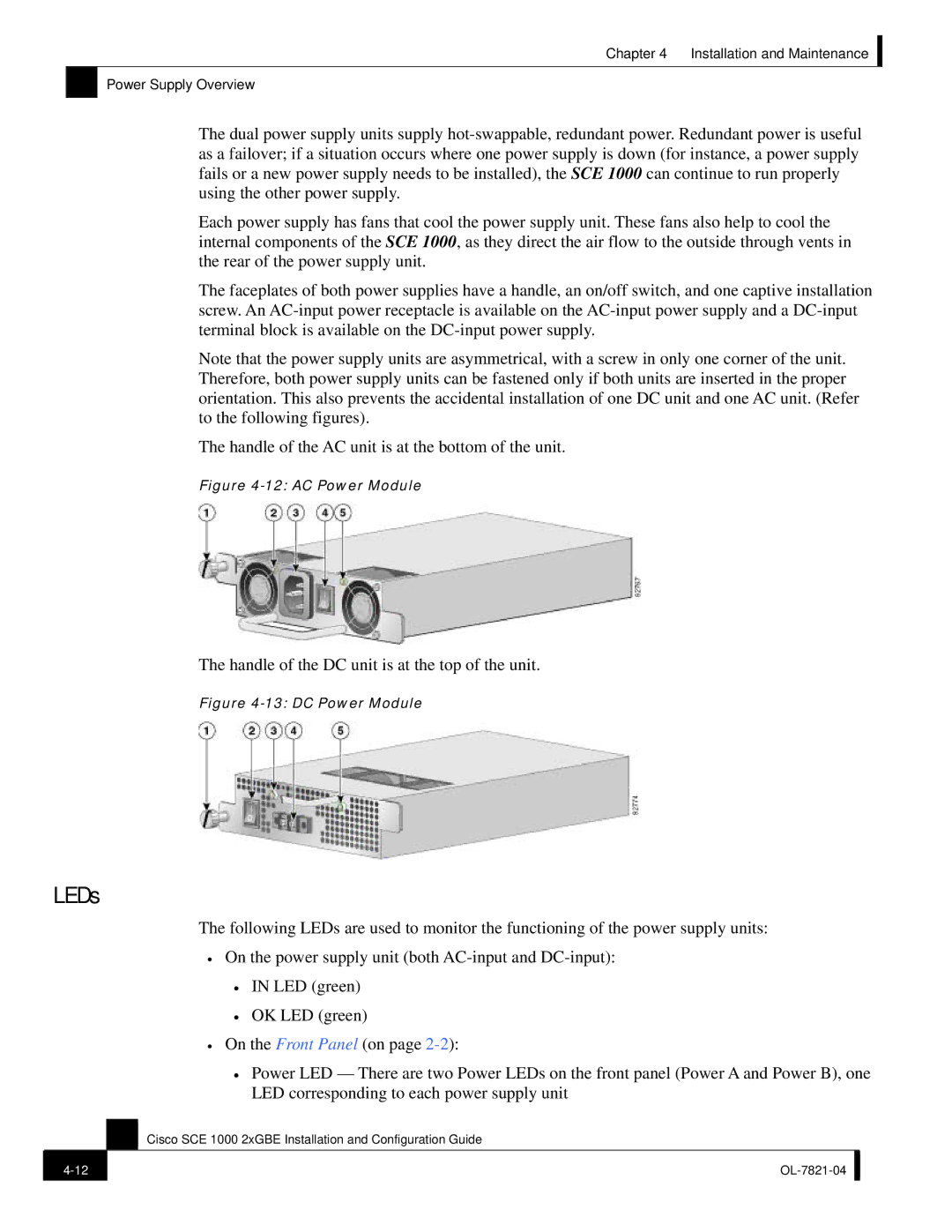 Cisco Systems OL-7821-04, SCE 1000 2xGBE manual LEDs, Handle of the DC unit is at the top of the unit 