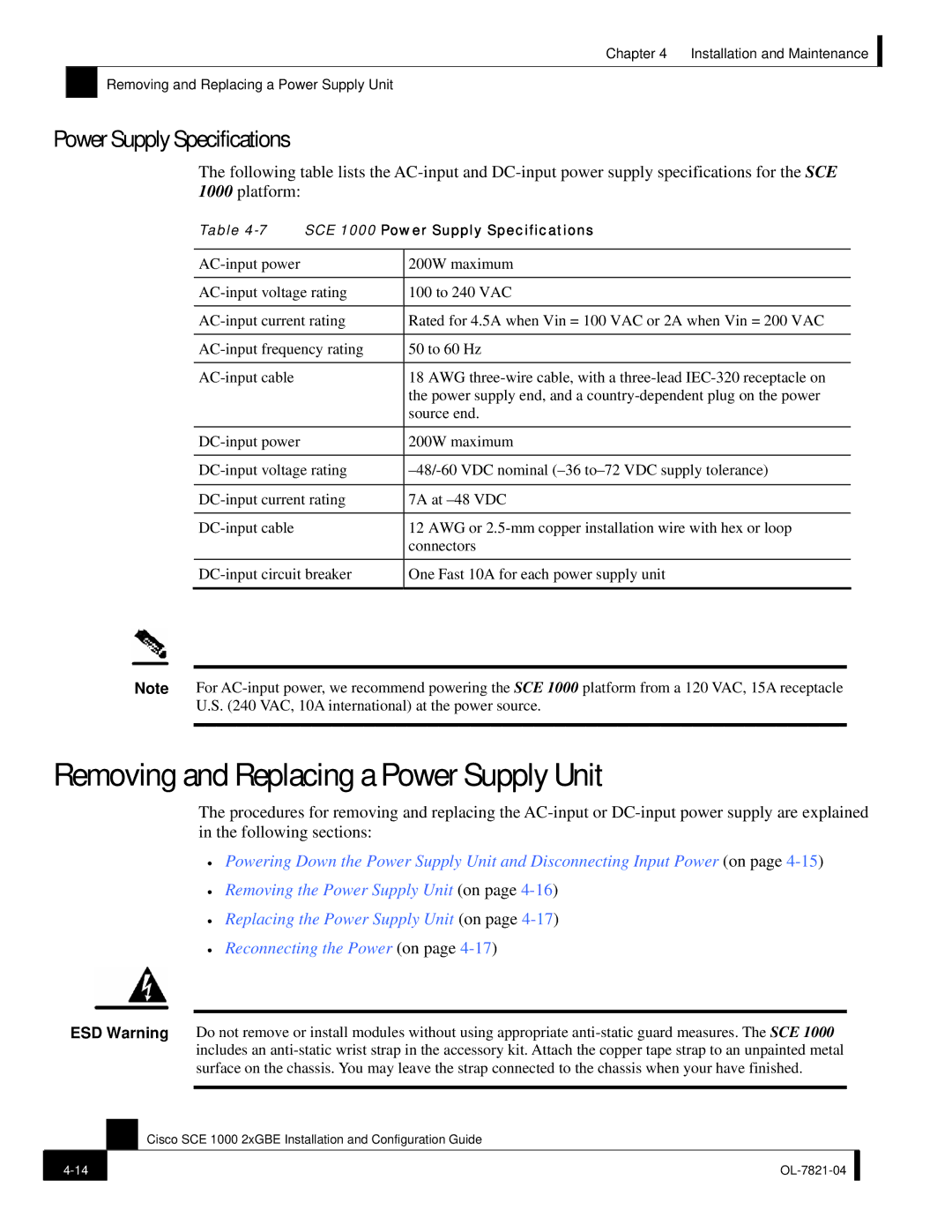 Cisco Systems OL-7821-04, SCE 1000 2xGBE manual Removing and Replacing a Power Supply Unit, Power Supply Specifications 