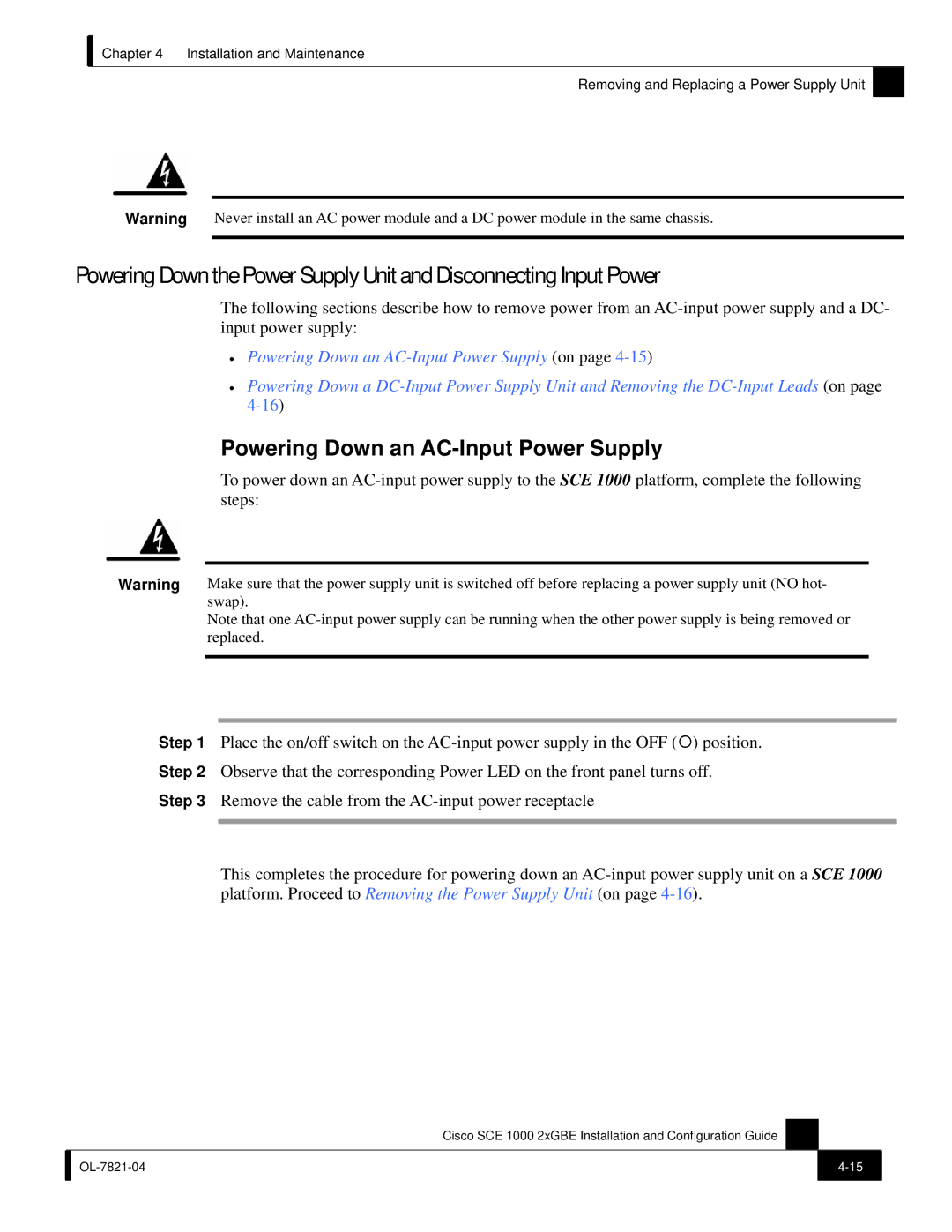 Cisco Systems SCE 1000 2xGBE, OL-7821-04 manual Powering Down an AC-Input Power Supply 