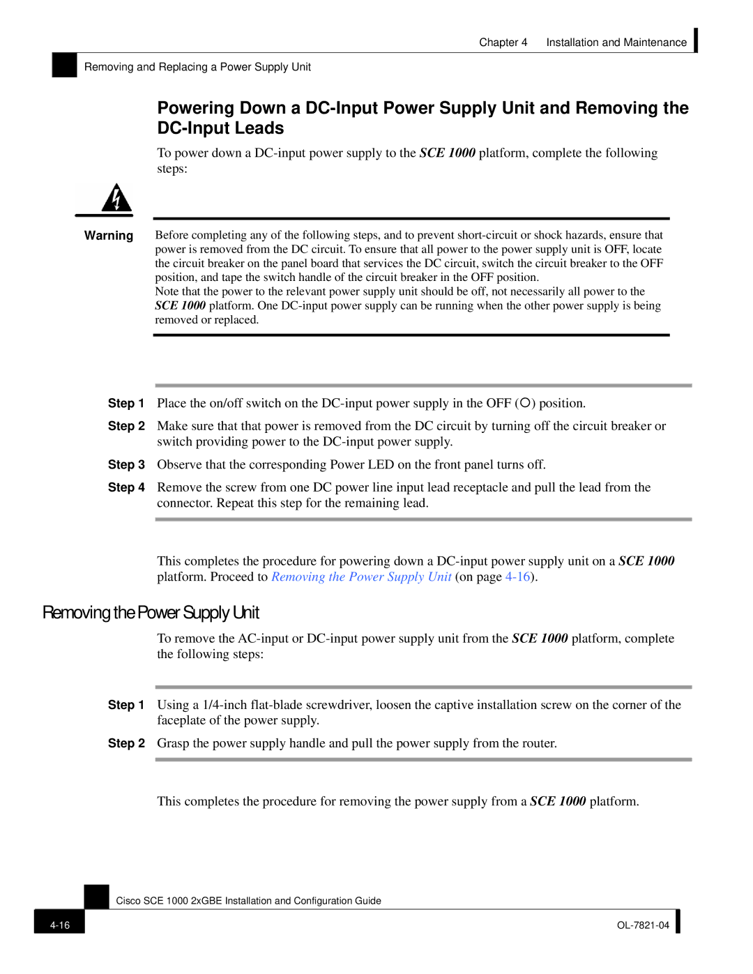 Cisco Systems OL-7821-04, SCE 1000 2xGBE manual Removing the Power Supply Unit 