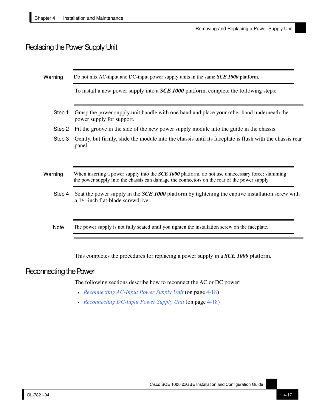 Cisco Systems SCE 1000 2xGBE, OL-7821-04 manual Replacing the Power Supply Unit, Reconnecting the Power 