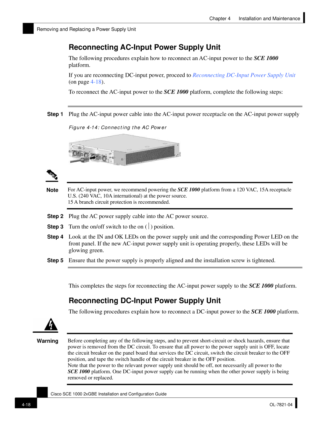 Cisco Systems OL-7821-04, SCE 1000 2xGBE Reconnecting AC-Input Power Supply Unit, Reconnecting DC-Input Power Supply Unit 