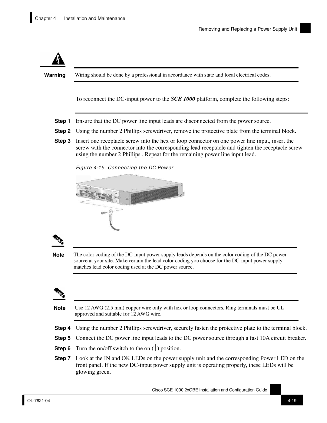 Cisco Systems SCE 1000 2xGBE, OL-7821-04 manual Connecting the DC Power 