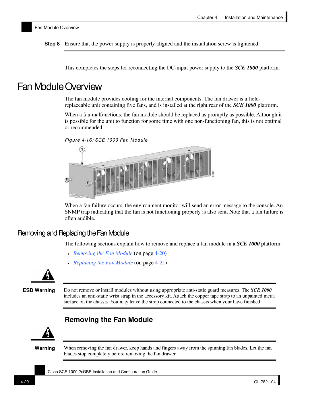 Cisco Systems OL-7821-04 manual Fan Module Overview, Removing and Replacing the Fan Module, Removing the Fan Module 