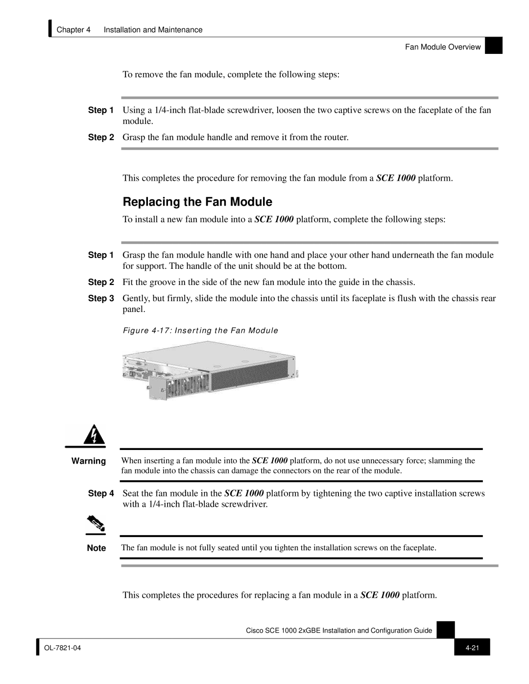 Cisco Systems SCE 1000 2xGBE, OL-7821-04 manual Replacing the Fan Module, Inserting the Fan Module 