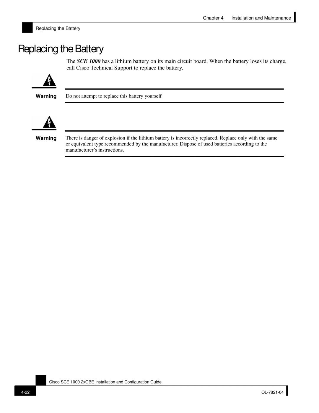 Cisco Systems OL-7821-04, SCE 1000 2xGBE manual Replacing the Battery 