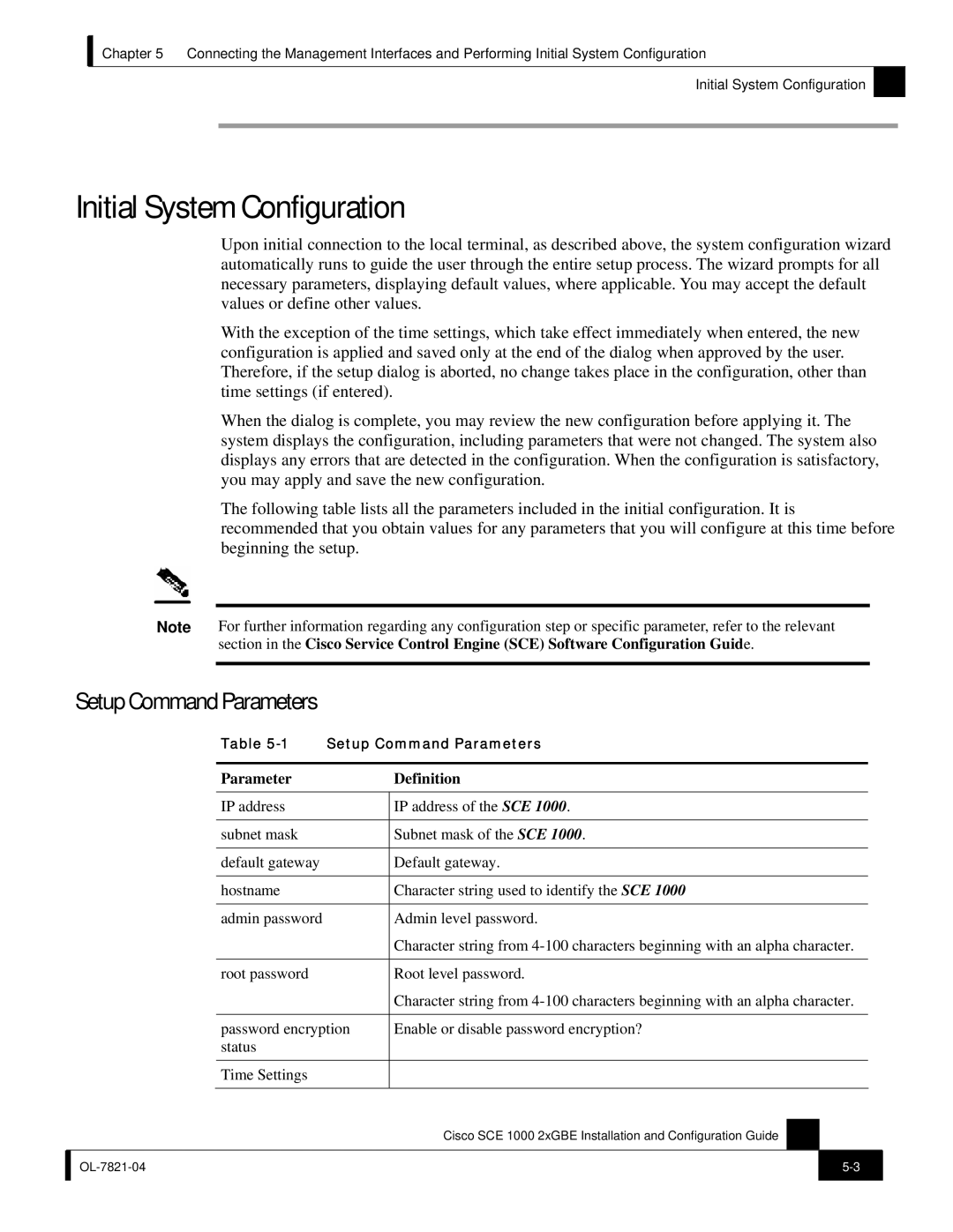 Cisco Systems SCE 1000 2xGBE, OL-7821-04 manual Initial System Configuration, Setup Command Parameters, Parameter Definition 