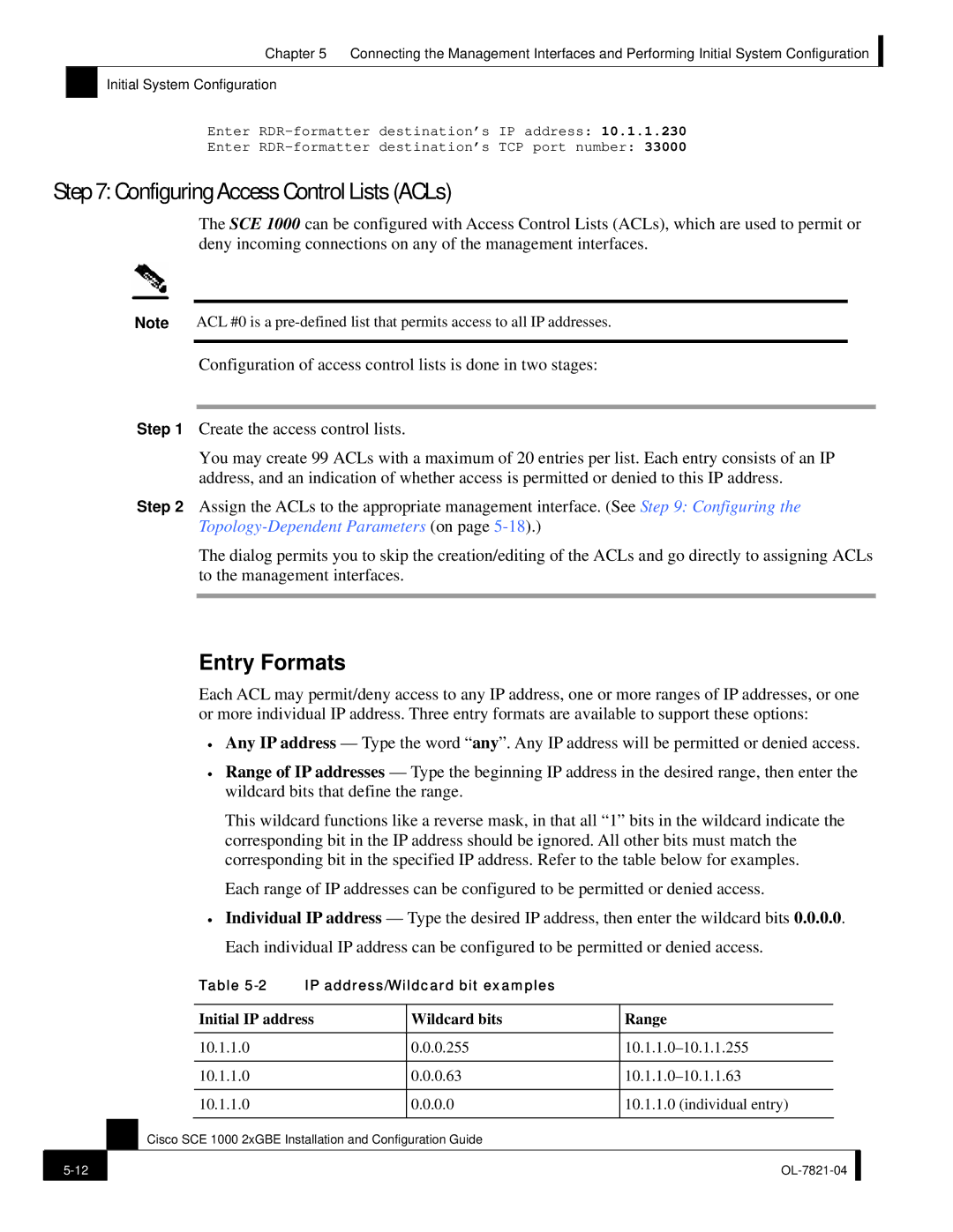 Cisco Systems OL-7821-04 manual ConfiguringAccess Control Lists ACLs, Entry Formats, Initial IP address Wildcard bits Range 