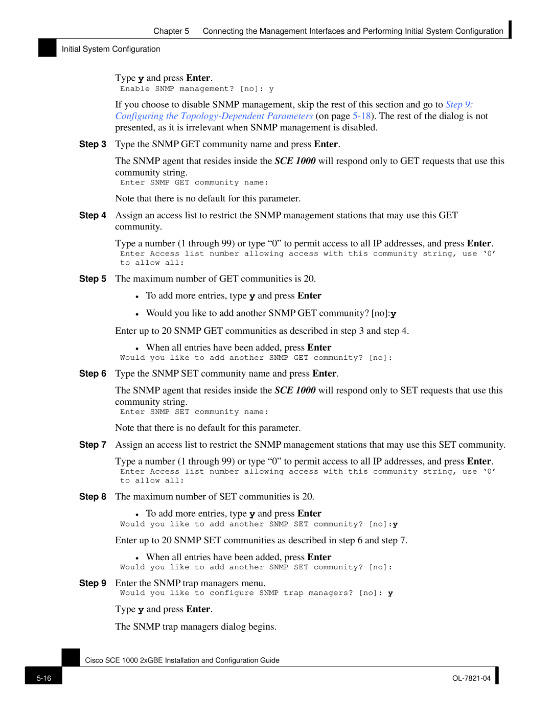 Cisco Systems OL-7821-04, SCE 1000 2xGBE manual Type y and press Enter, Enter the Snmp trap managers menu 