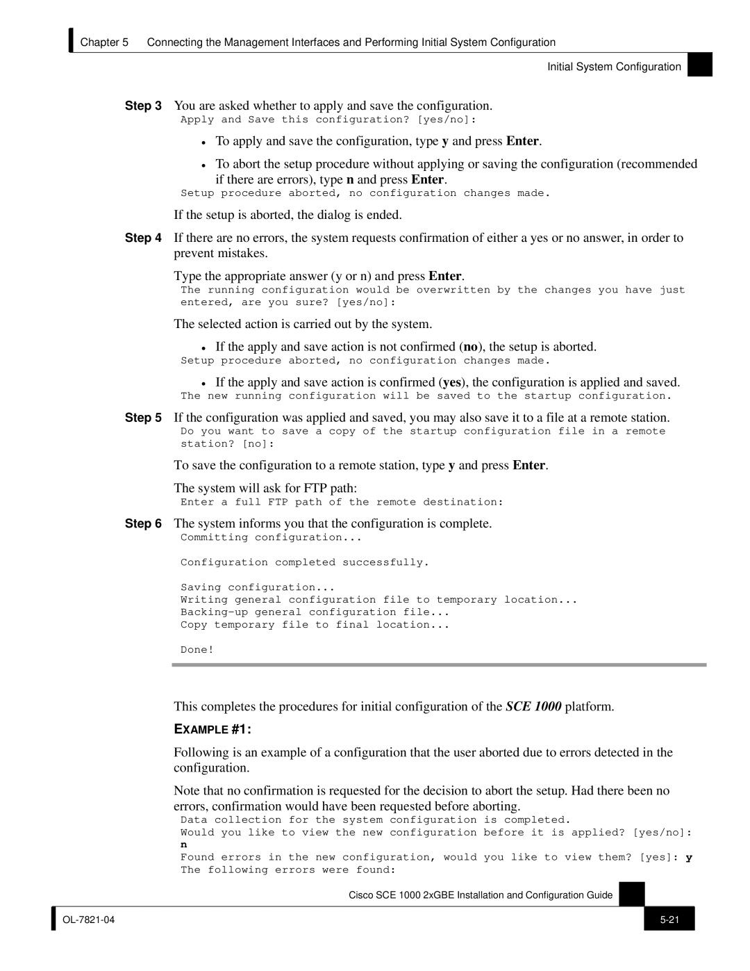 Cisco Systems SCE 1000 2xGBE, OL-7821-04 manual You are asked whether to apply and save the configuration 