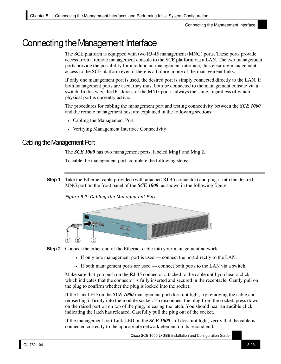 Cisco Systems SCE 1000 2xGBE, OL-7821-04 manual Connecting the Management Interface, Cabling the Management Port 