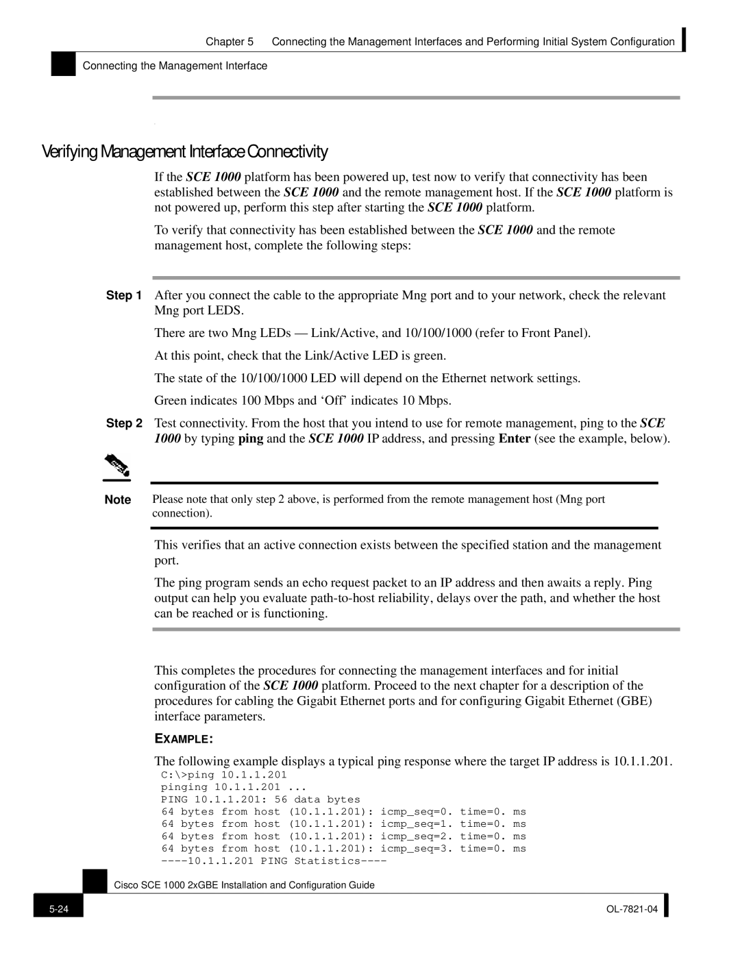 Cisco Systems OL-7821-04, SCE 1000 2xGBE manual Verifying Management Interface Connectivity 