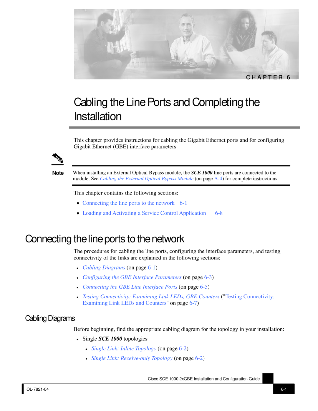 Cisco Systems SCE 1000 2xGBE, OL-7821-04 manual Connecting the line ports to the network, Cabling Diagrams 