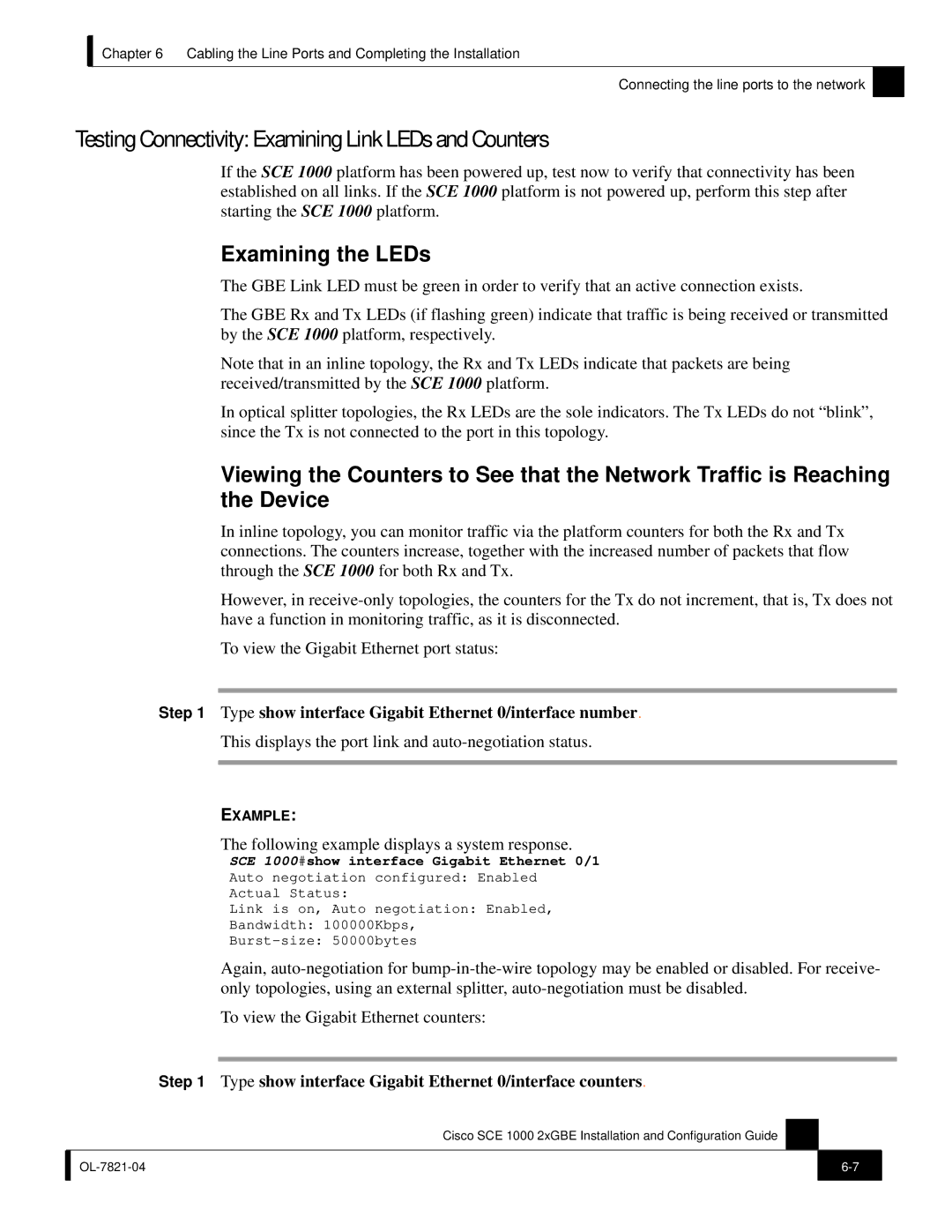 Cisco Systems SCE 1000 2xGBE, OL-7821-04 manual Testing Connectivity Examining Link LEDs and Counters, Examining the LEDs 