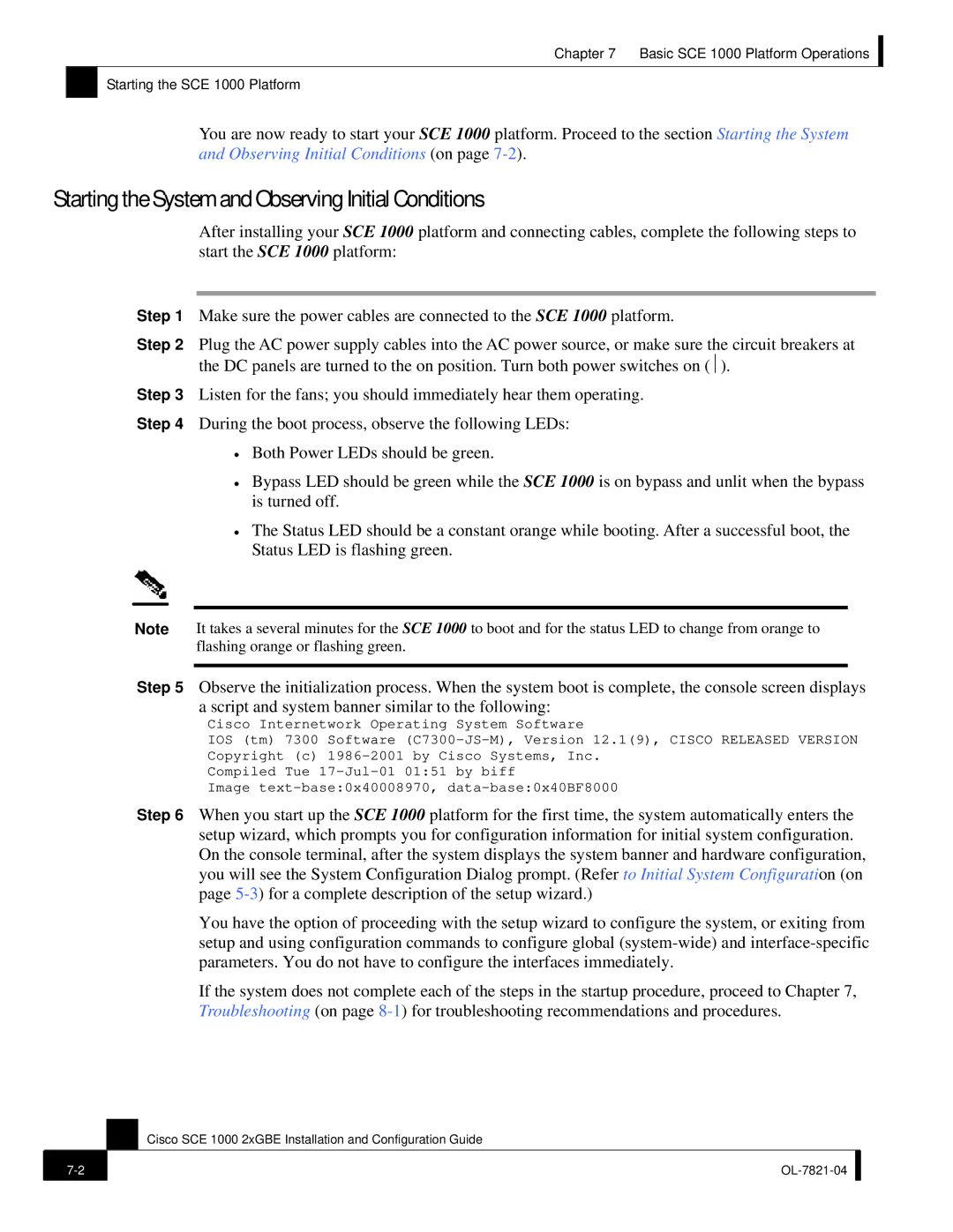 Cisco Systems OL-7821-04, SCE 1000 2xGBE manual Starting the System and Observing Initial Conditions 