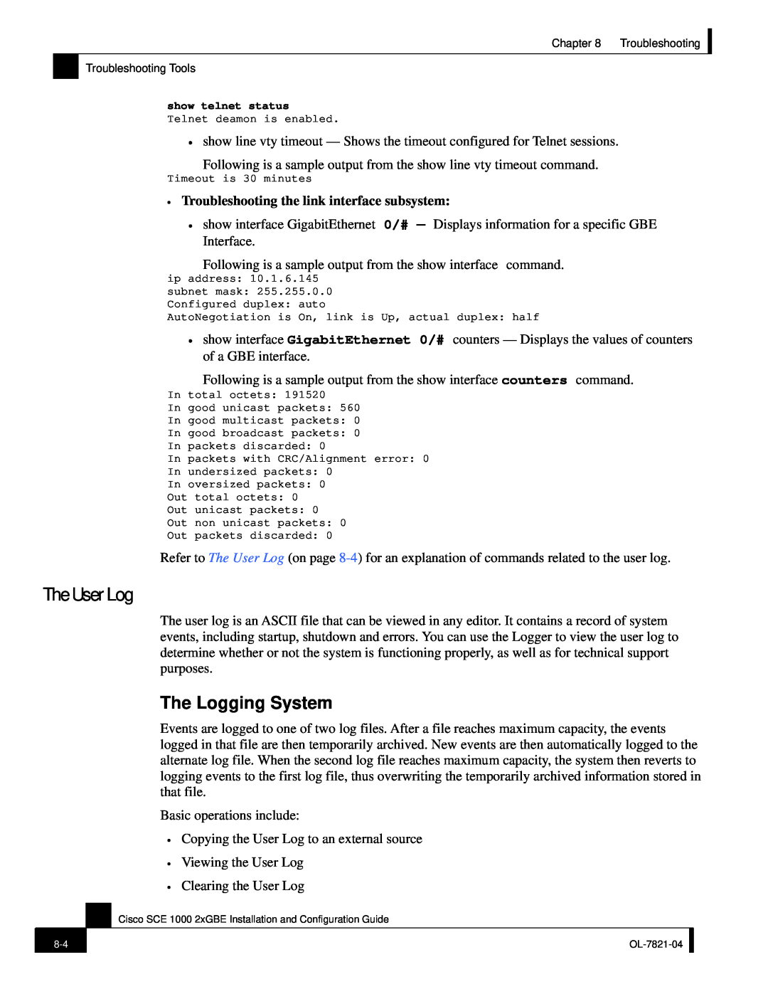 Cisco Systems OL-7821-04, SCE 1000 2xGBE The User Log, The Logging System, Troubleshooting the link interface subsystem 