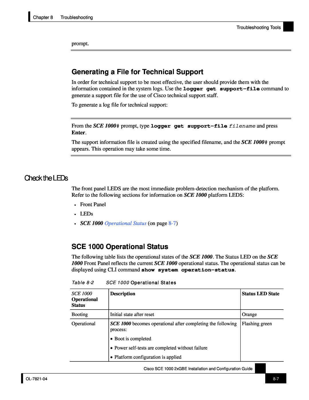 Cisco Systems SCE 1000 2xGBE manual Check the LEDs, Generating a File for Technical Support, SCE 1000 Operational Status 