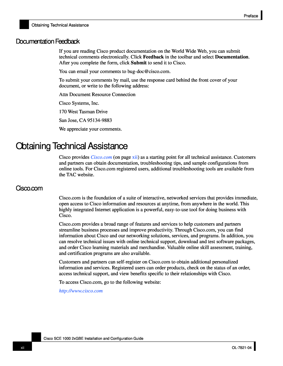 Cisco Systems OL-7821-04, SCE 1000 2xGBE manual Obtaining Technical Assistance, Documentation Feedback, Cisco.com 