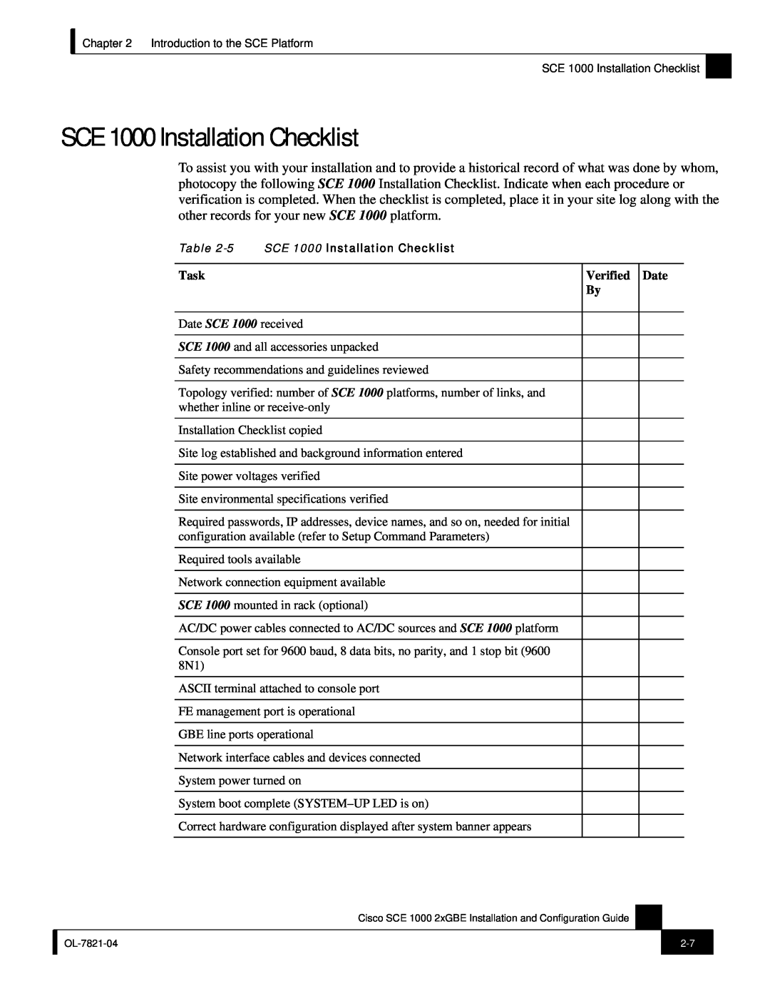Cisco Systems SCE 1000 2xGBE, OL-7821-04 manual SCE 1000 Installation Checklist, Task, Verified, Date 