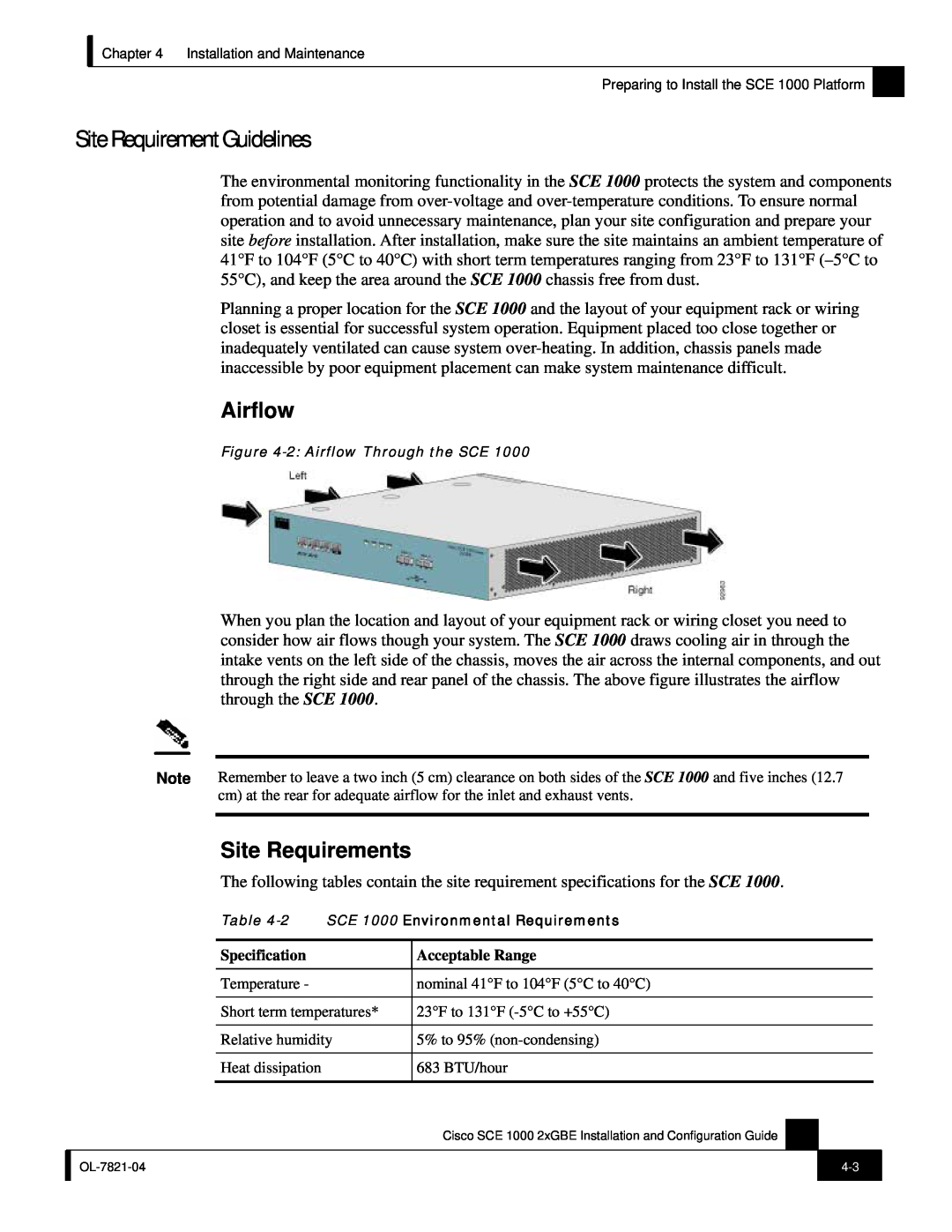 Cisco Systems SCE 1000 2xGBE, OL-7821-04 manual Site Requirement Guidelines, Airflow, Site Requirements 