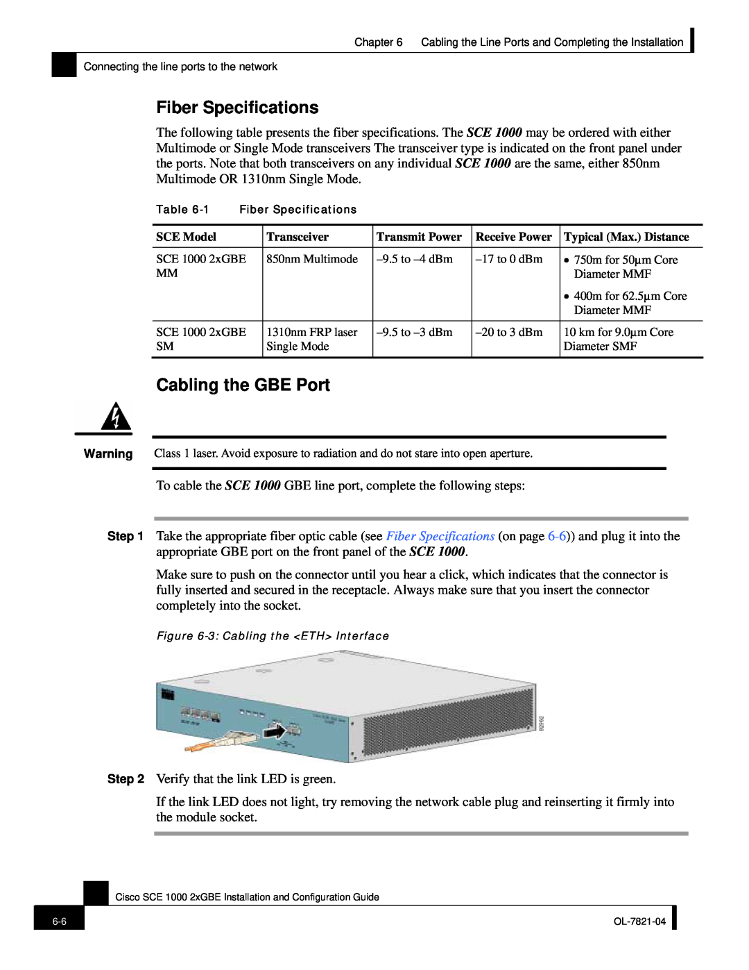 Cisco Systems OL-7821-04, SCE 1000 2xGBE manual Fiber Specifications, Cabling the GBE Port 