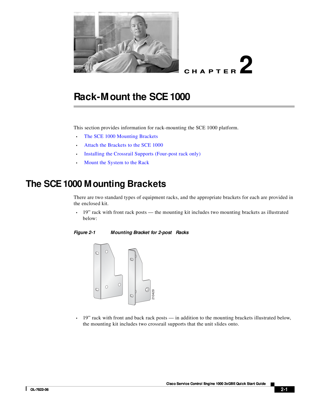 Cisco Systems OL-7822-06 Rack-Mount the SCE, The SCE 1000 Mounting Brackets, Mount the System to the Rack, C H A P T E R 