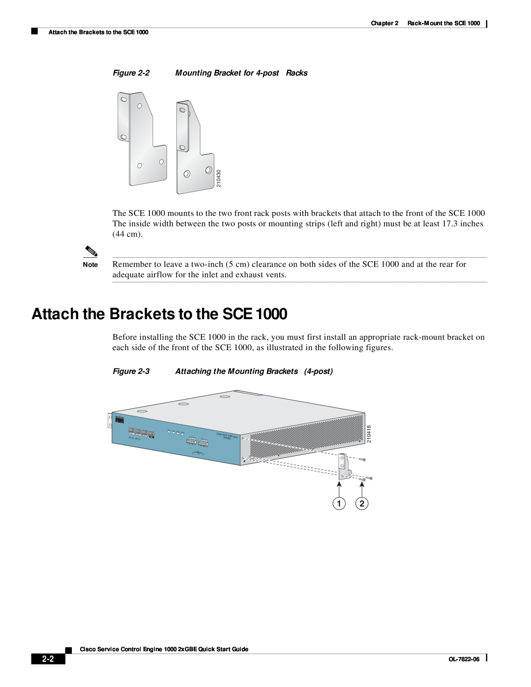Cisco Systems OL-7822-06 quick start Attach the Brackets to the SCE, Mounting Bracket for 4-post Racks 