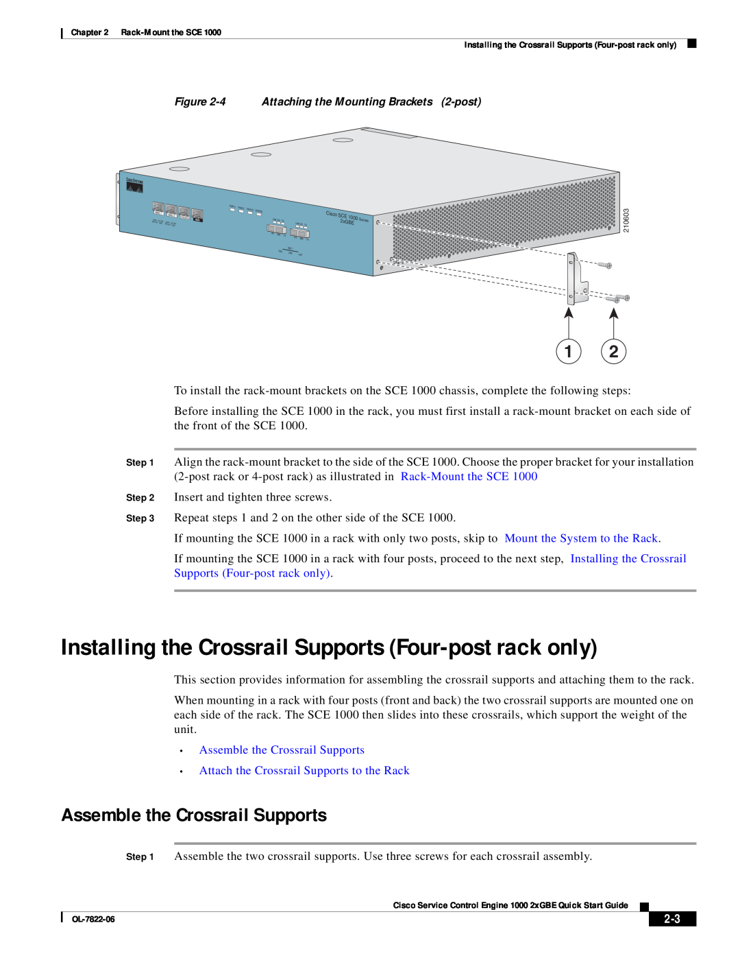 Cisco Systems OL-7822-06 quick start Installing the Crossrail Supports Four-post rack only, Assemble the Crossrail Supports 