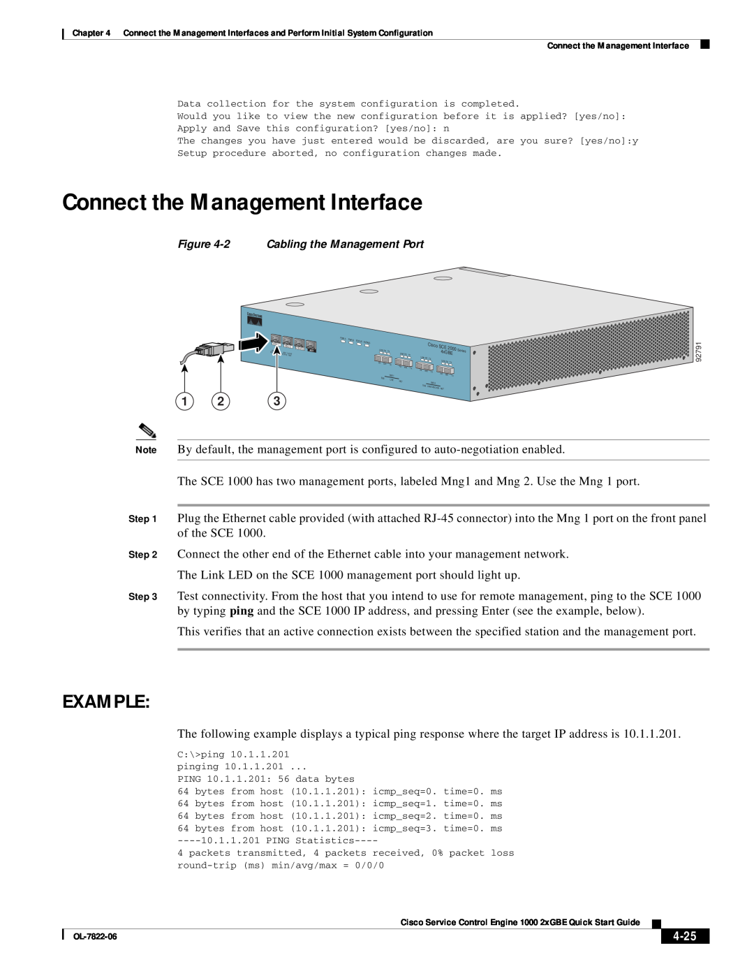 Cisco Systems OL-7822-06 quick start Connect the Management Interface, Example, 4-25 